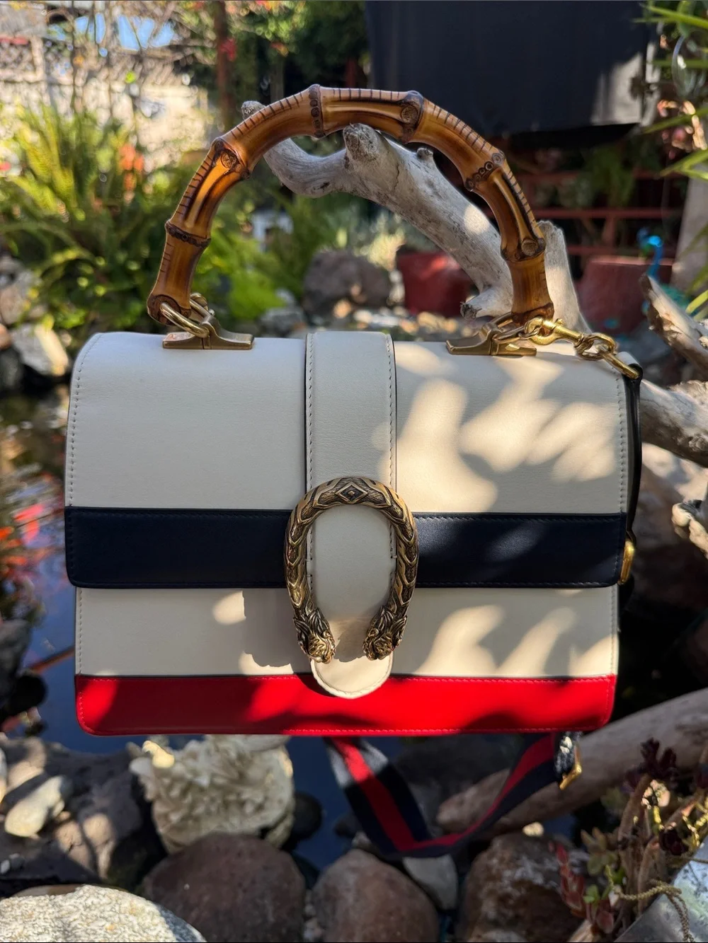 Gucci Bamboo-Handle Tricolor Top-Handle Bag - White, Navy & Red